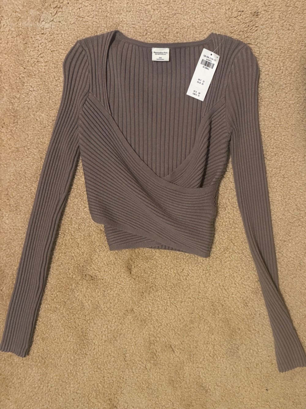 Abercrombie & Fitch Ribbed Off-Shoulder Wrap Sweater in Taupe